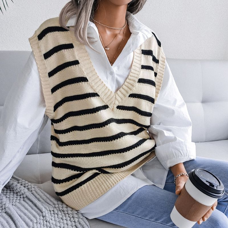 Maglione casual in maglia a righe con scollo a V, nuovo autunno inverno 2022, moda donna_voghion.com