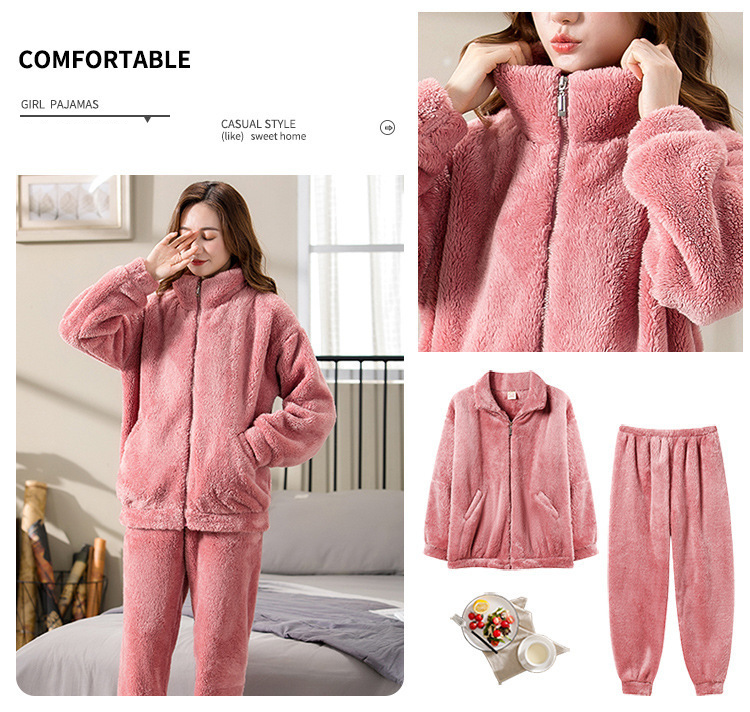 Coral Fleece Pajamas Women Winter Plus Velvet Thickened Stand Collar Zipper Flannel Autumn and Winter Style Can Be Worn as Home Clothes Set_voghion.com