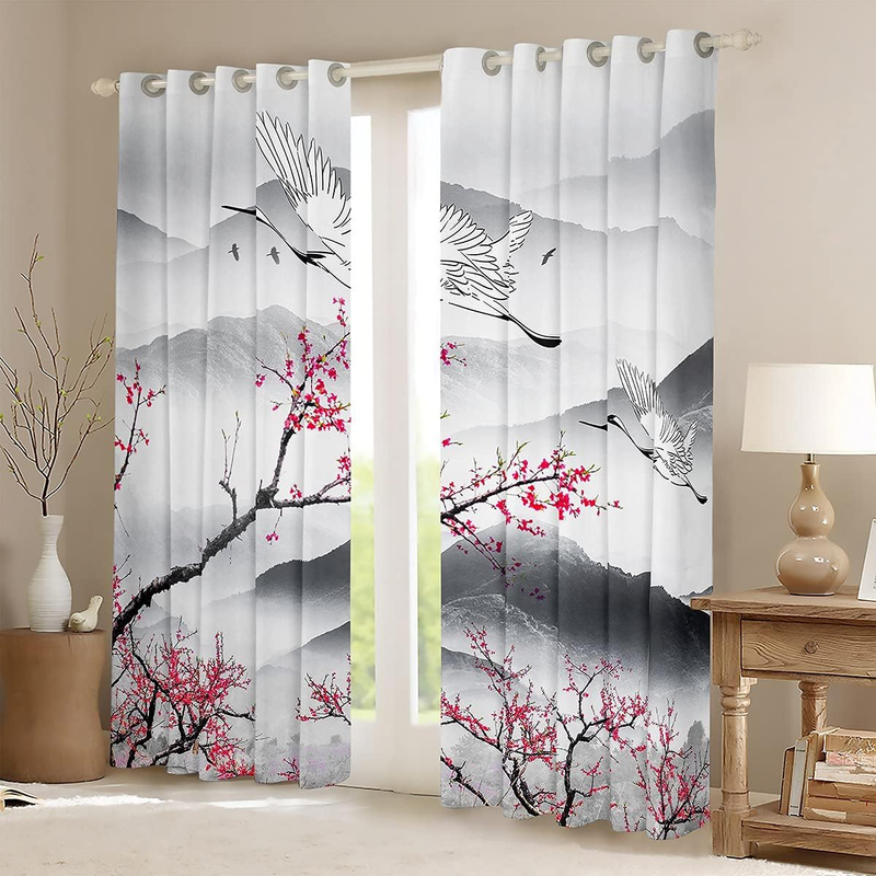 Cherry Blossom Window Treatments Crane Hokusai Pattern Window Curtains For Bedroom Living Room Teens Japanese Ukiyoe Window Drapes Japanese Style_voghion.com
