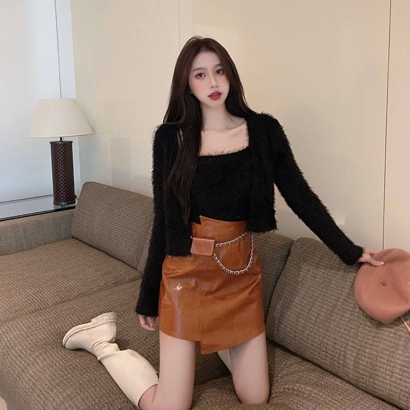 Sexy Zweiteiler-Set aus Nerzimitat mit V-Ausschnitt für Damen – Ärmelloses Tanktop und kurze Strickjacke – Slim Fit-Outfit in reinen Farben (Einheitsgröße)_voghion.com