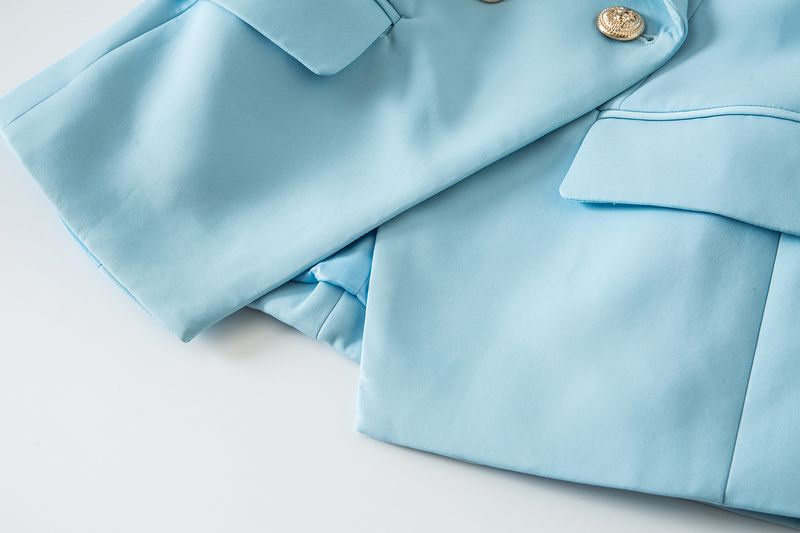 Women's Clothing New double breasted blue double breasted temperament commuter cotton suit solid color slim suit collar jacket_voghion.com