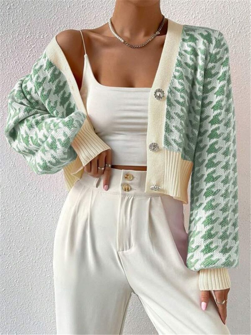 Dameskleding herfst en winter patroon lantaarn mouw gebreide cardigan trui korte jas_voghion.com