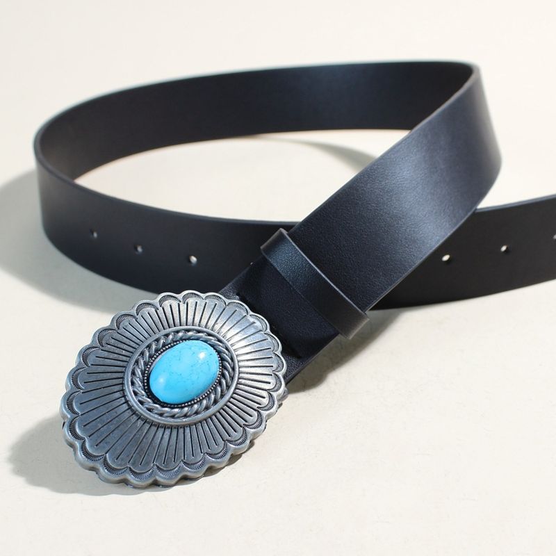 Wide Leather Belt For Women Retro Palace Style Sapphire Inlaid Oval Western Buckle Ladies Black Pants Belt_voghion.com