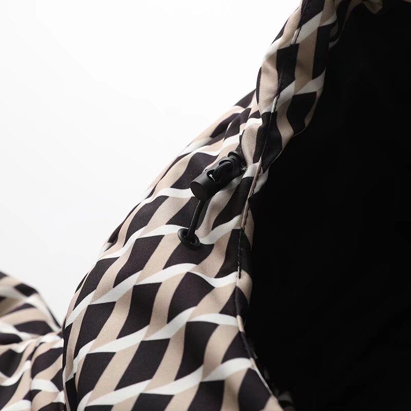 Women's Clothing Women's Stylish Ski-Inspired Hooded Down Jacket With Waist Cinching - Winter Warm Padded Coat In Black/Checkered/Silver/Blue Floral_voghion.com