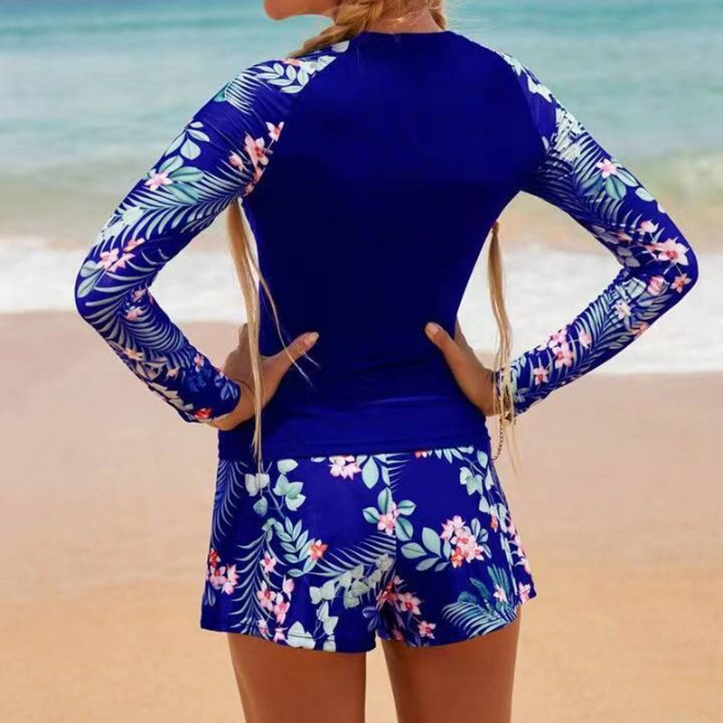 Women's Clothing Color Matching Surfing Diving Holiday Swimsuit Multi Color Printing Long Sleeved Sunscreen Split Swimsuit_voghion.com