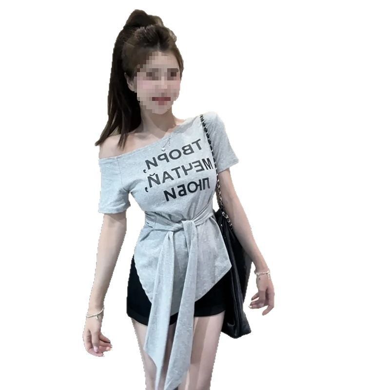Maglietta a maniche corte in cotone stile americano da donna, con lacci in vita, con spalle scoperte irregolari_voghion.com