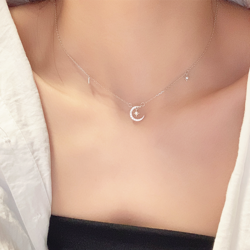 Sterling Silver Star Moon Necklace For Women Summer Light Luxury Niche Design High-end Collarbone Chain 2024 New Trend_voghion.com