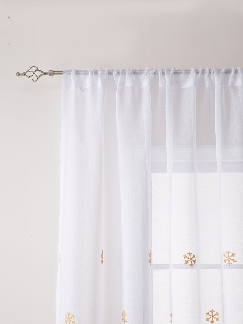 Polyester gordijnen met geborduurde kerstsneeuwvlokken - semi-transparant raampaneel voor woonkamer/slaapkamer (130x214/245cm, roedezak, rood/wit)_voghion.com