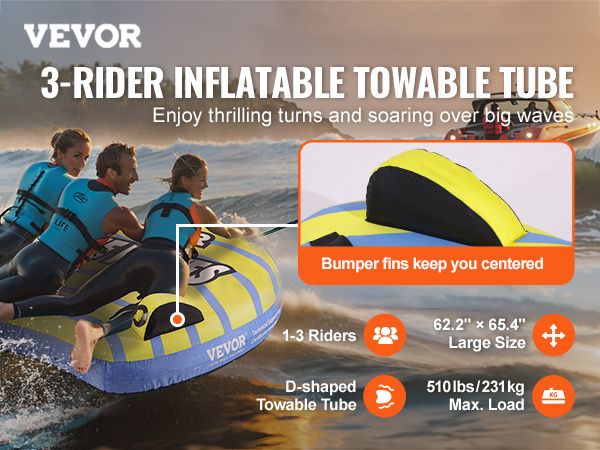 VEVOR Towable Tube for Boating, 1-3 Riders Inflatable Towable Tube with Bumper Fins, 510 lbs Water Sport Towable Tubes for Boats to Pull, Full Nylon C_voghion.com