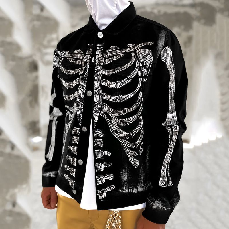 Herrenbekleidung Distressed Jeansjacke mit Strassverzierungen, Oversized Streetwear Mantel, Hip Hop Vintage Open Front Shirt für Freizeitkleidung_voghion.com