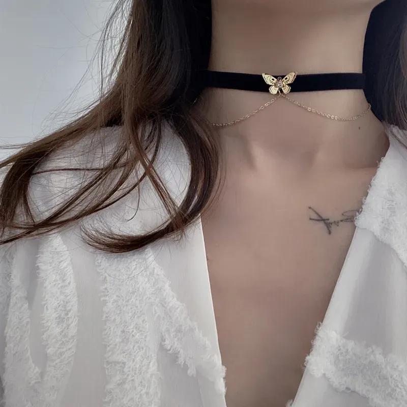 Gargantilla Veet de cadena de color dorado de doble capa lista para usar, collar corto de mariposa de moda para mujeres, niñas, estudiantes, estética gótica_voghion.com