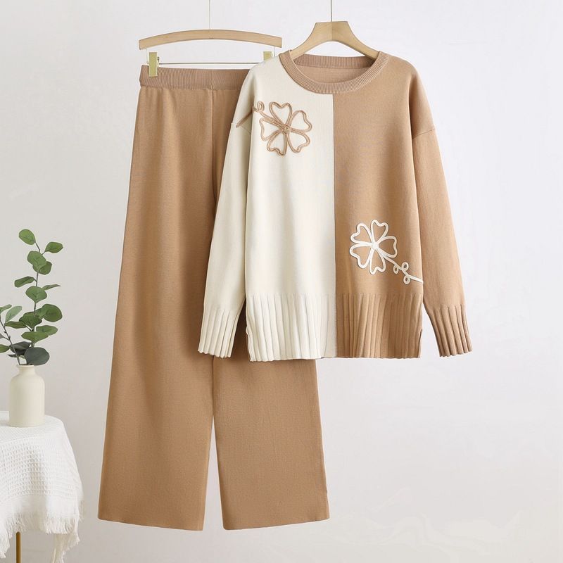 Women's Clothing Color Matching Knitted Top Versatile Color-Block Knit Top & Solid Wide-Leg Pants Set – Stylish Loungewear For Casual & Office Wear_voghion.com
