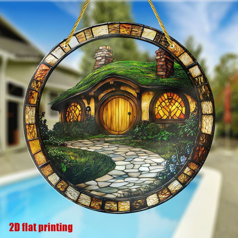 8 x 8 Zoll großer Acryl-Sonnenfänger „Shire Cottage“ – rustikale Märchenkunst für Fenster, Wohnzimmer, Veranda und Garten. Perfektes Einweihungsgeschenk mit skurrilem Charme._voghion.com