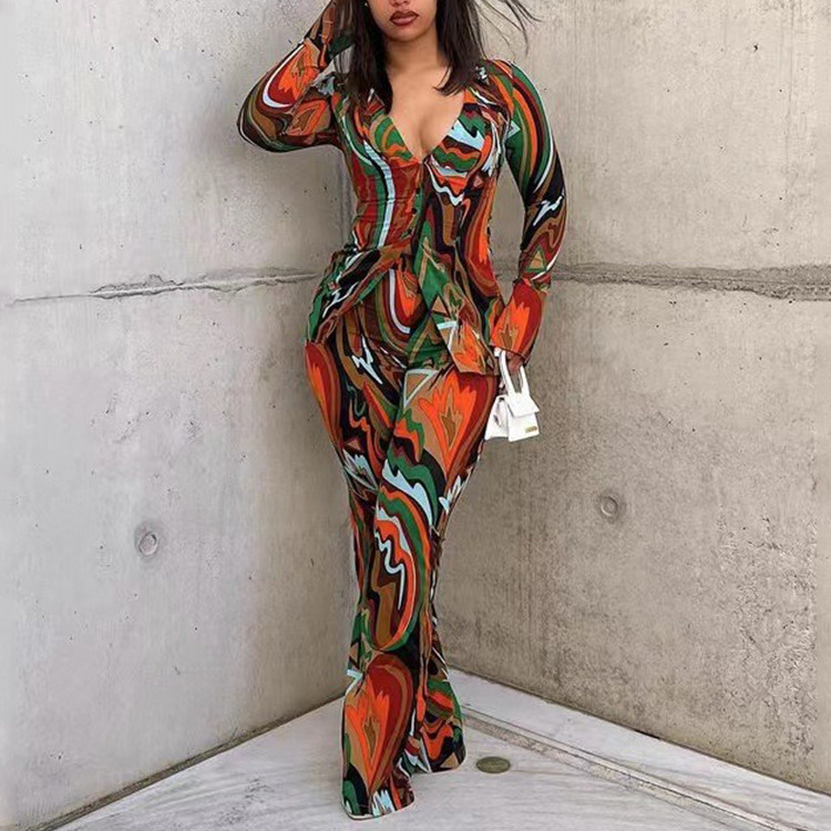 Ensemble deux pièces décontracté et tendance pour femme, chemise imprimée sexy à décolleté en V profond et pantalon à jambes larges_voghion.com