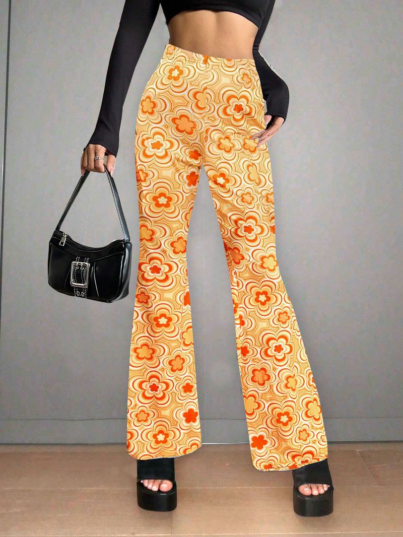 Pantalones acampanados con estampado fresco y dulce para mujer_voghion.com