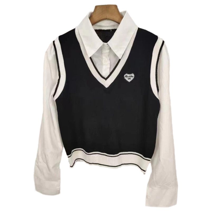 Autumn and Winter 2024 New Korean Academy Style Polo Collar Shirt Splicing Two Piece Vest Long Sleeve Top for Women_voghion.com