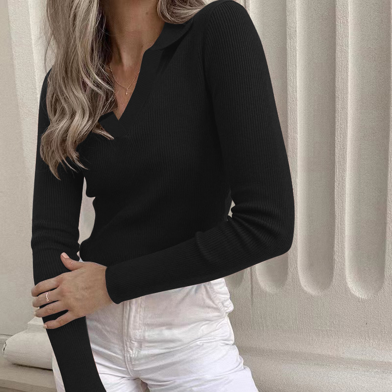 T-shirt da donna elegante con collo alto e maniche lunghe a V profonda in cotone attillato_voghion.com