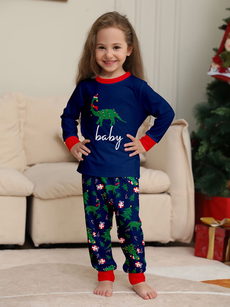 Passendes Familien-Pyjama-Set mit Dinosaurier- und Alphabet-Aufdruck – Langärmlige Weihnachtsnachtwäsche für Männer, Frauen, Kinder und Haustiere (Mehrere Größen, Marineblau)_voghion.com