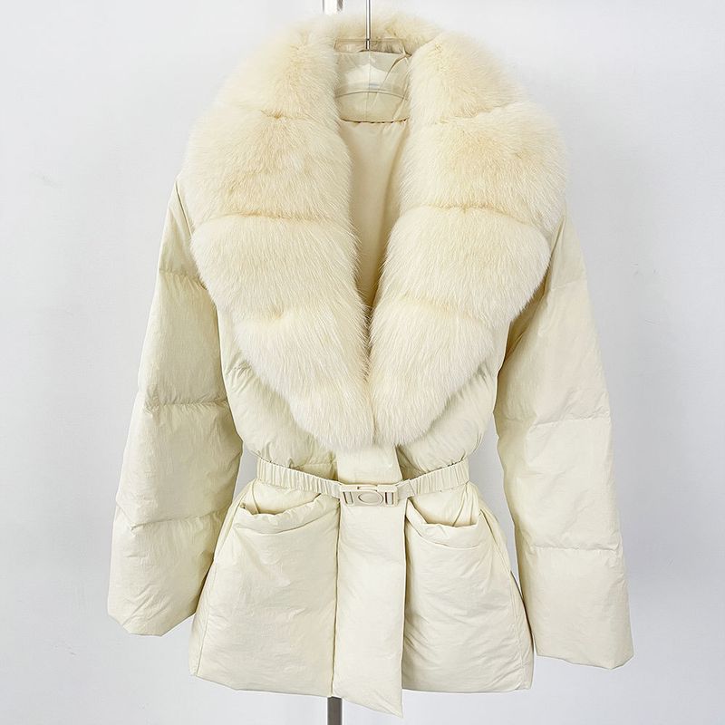 Eleganter Damen-Langdaunenmantel mit Fuchspelzbesatz, schmale Taille, 90 % weiße Entendaunen, warme Winterjacke_voghion.com