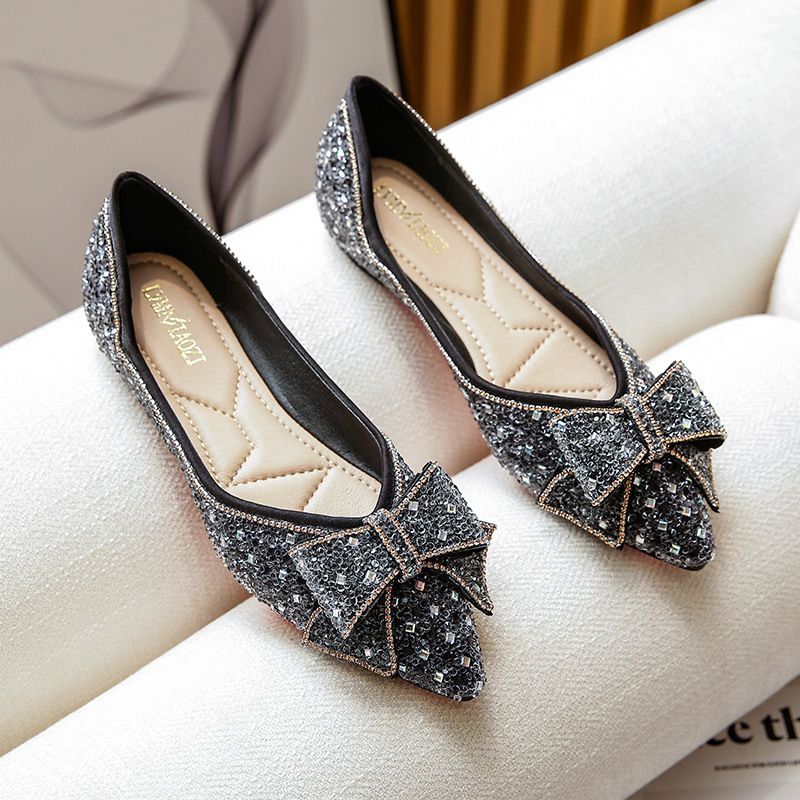 2025 New Spring Summer Shallow Pointed Toe Flat Single Rhinestone Loafers Large Size Women's Boat Shoes Women 41 To 43_voghion.com