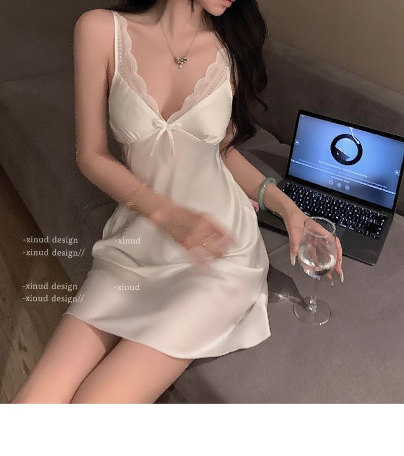 Camicia da notte sexy, delicata sulla pelle, con fiocco in seta ghiacciata, con bretelle in pizzo dolce, comoda e morbida, per il desiderio puro del vento_voghion.com