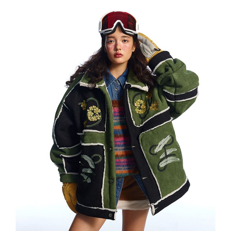 Color Block Patchwork Frayed Jacket Men's Fashion Floral Embroidery Winter Fleece Lamb Wool Cotton Coat Shearling_voghion.com