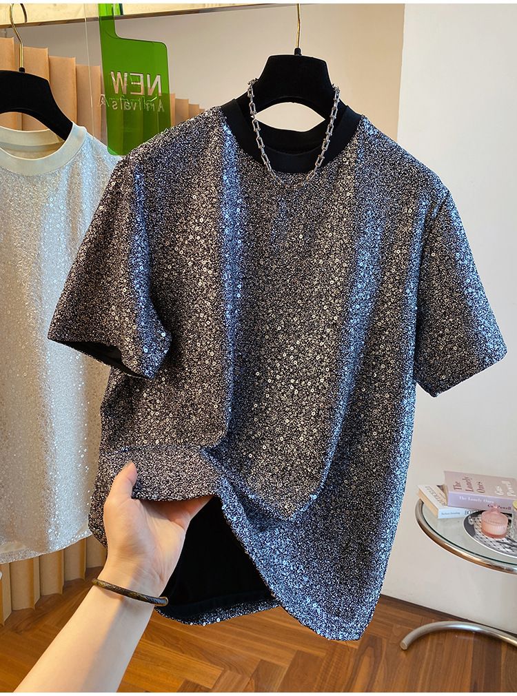 2024 New Loose European Style Sequin Shiny Silk T-Shirt Men's Short Sleeve Unique Chic Design Handsome Top_voghion.com