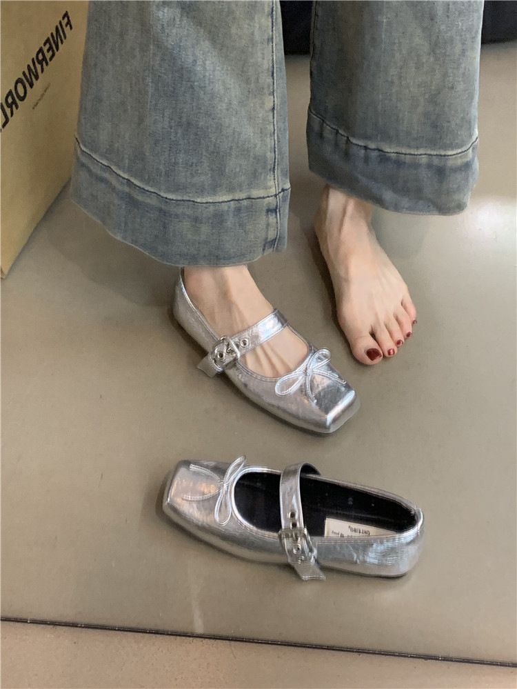 Chaussures Mary Jane plates à bout carré pour femmes, nouvelle collection automne 2025, avec nœud papillon et boucle de ceinture argentée_voghion.com