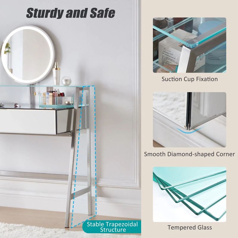 33.9" Mirrored Makeup Vanity Desk With Mirror And Lights, Mirrored Console Vanity Table With 2 Big Drawers & Open Shelf, Dressing Table With Charging Station For Bedroom, Silver_voghion.com