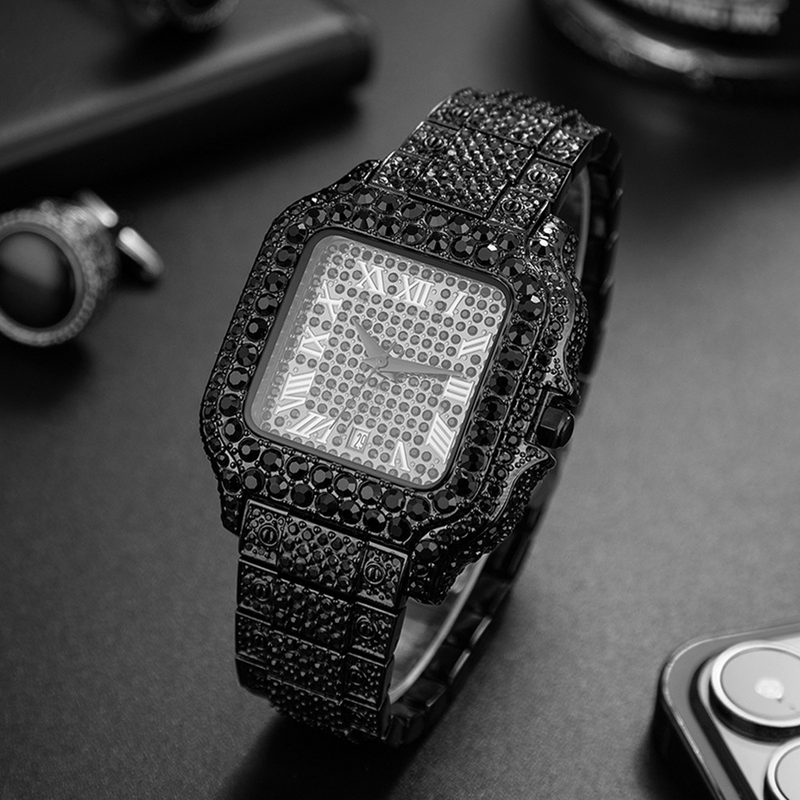 Men's Fashion Square Watch With Full Diamond Accents, Roman Numerals, And Quartz Movement - Waterproof, Stainless Steel Band, Mineral Glass_voghion.com