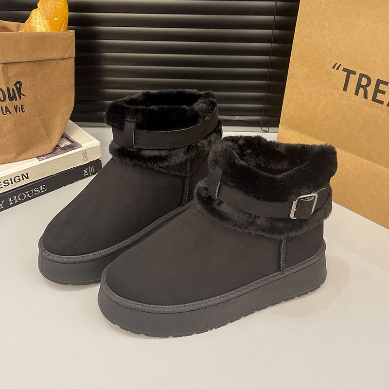 2025 Winter New Large Size Thick-soled Fluffy Cotton Shoes Women's Fleece Thickened Thermal Belt Buckle Casual Snow Boots_voghion.com