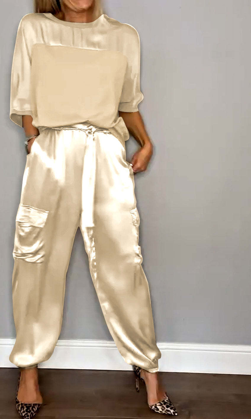 Set di due pezzi di pantaloni casual a maniche corte da donna in raso liscio 2024_voghion.com