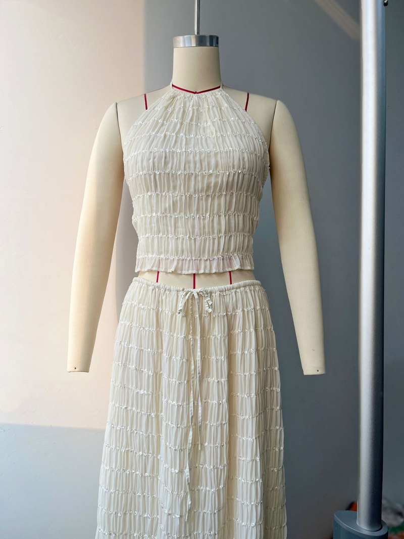 Damenmode Neckholder Neckholder-Top-Set Holzohrrand Chiffon plissierter langer Rock zweiteiliges Set_voghion.com