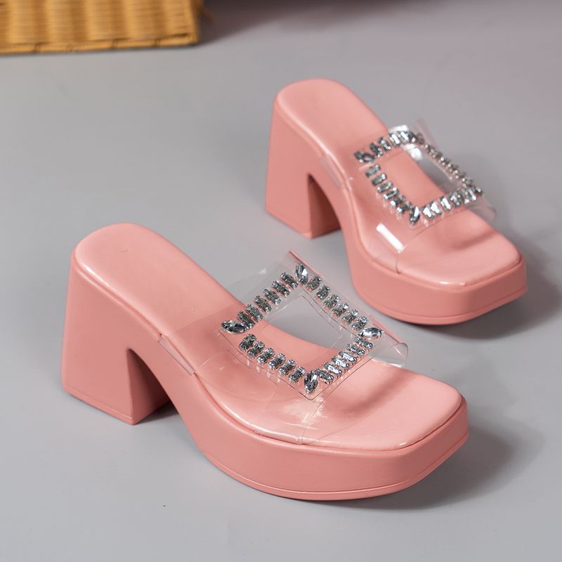 2024 Foreign Trade Spring And Sum Square Head Rhinestone Thick Heel High Heel Large Size Flip Flops European And American Large Size Sandals Wholesale_voghion.com