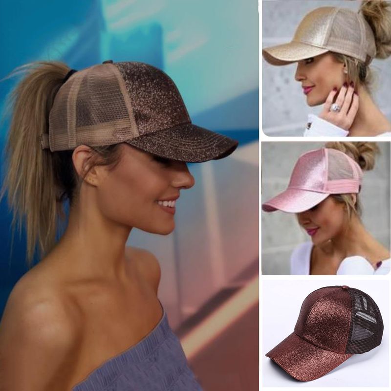 Ponytail Baseball for Women Shiny Glitter Sequins Woman Summer Cap Mesh Sunhat Pure Color High Messy Bun Hat_voghion.com