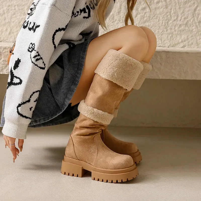Winter Women Warm Plush Knee High Boots Concise Square Heels Shoes Ladies Slip On Long Botas De Mujer 250106_voghion.com