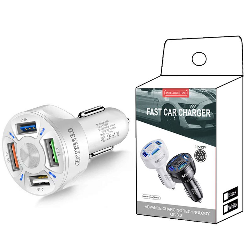 Carregador de carro USB de 4 portas com carregamento rápido QC3.0 - Saída de alta potência de 7 A para carregamento simultâneo de vários dispositivos_voghion.com