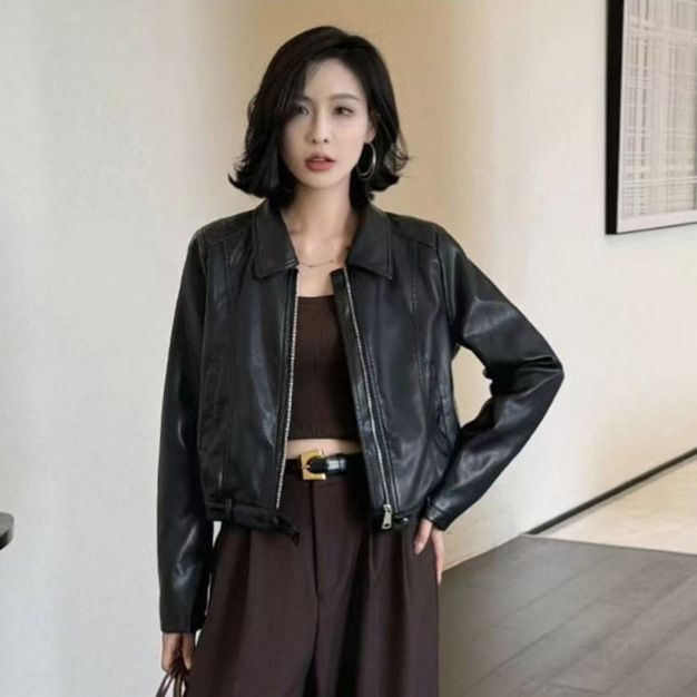 Veste courte en cuir ample à col rabattu pour femme, style haut de gamme, nouvelle collection 2025_voghion.com