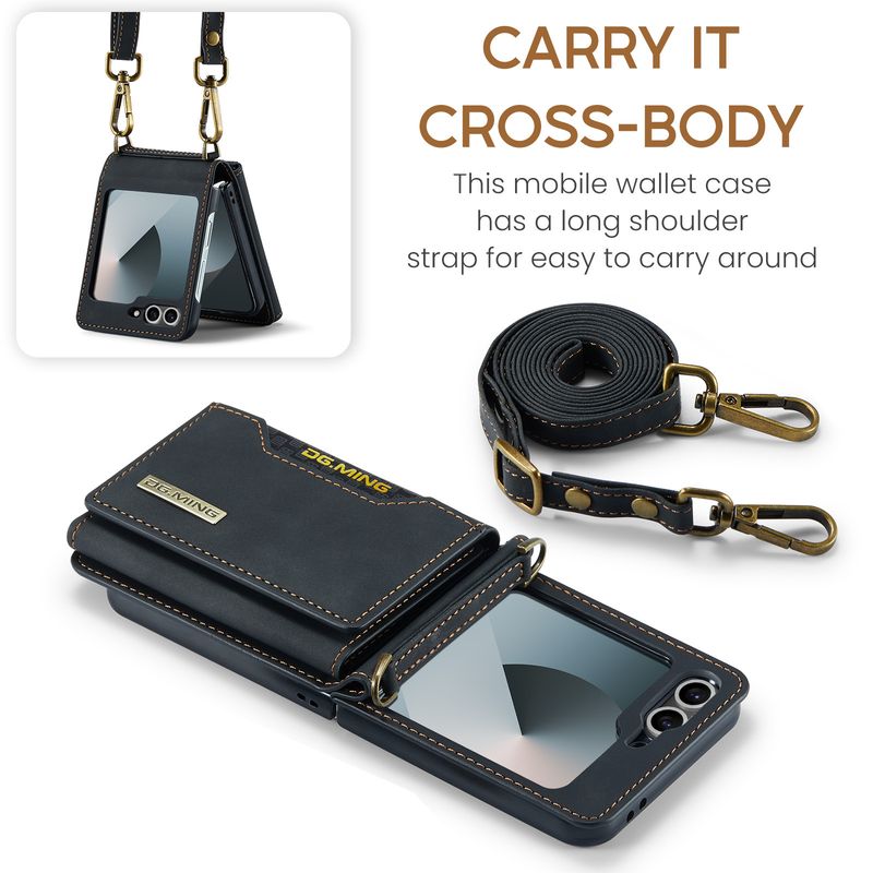 Custodia pieghevole M2 per Samsung Z Flip6 Custodia per telefono con portafoglio per carte Custodia protettiva in pelle con tracolla Z Flip6_voghion.com