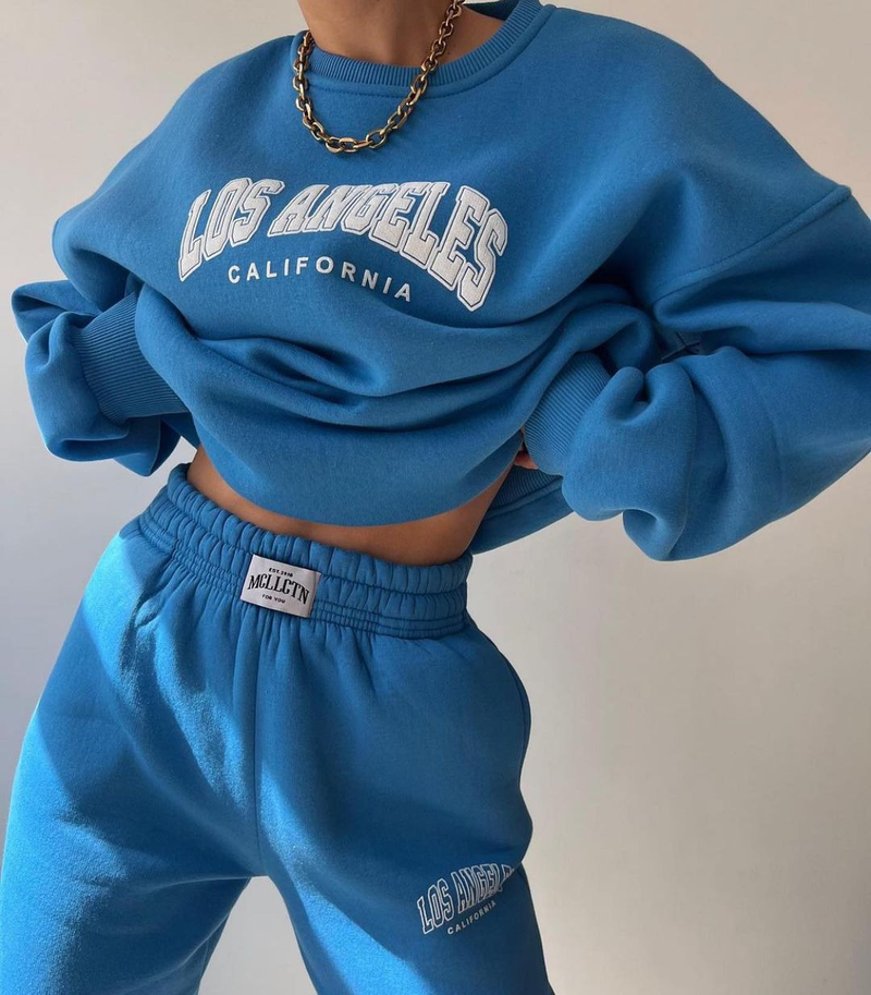 Damenbekleidung Lässiger, modisch bedruckter, verdickter Anzug plus Samt-Sweatshirt mit langen Ärmeln_voghion.com