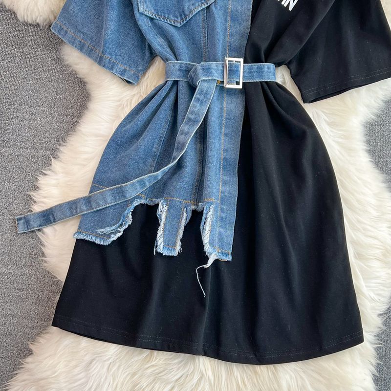 Camicia in denim con colletto tondo e vita alta, a blocchi di colore, da donna, nuova primavera, casual ed elegante, di media lunghezza_voghion.com