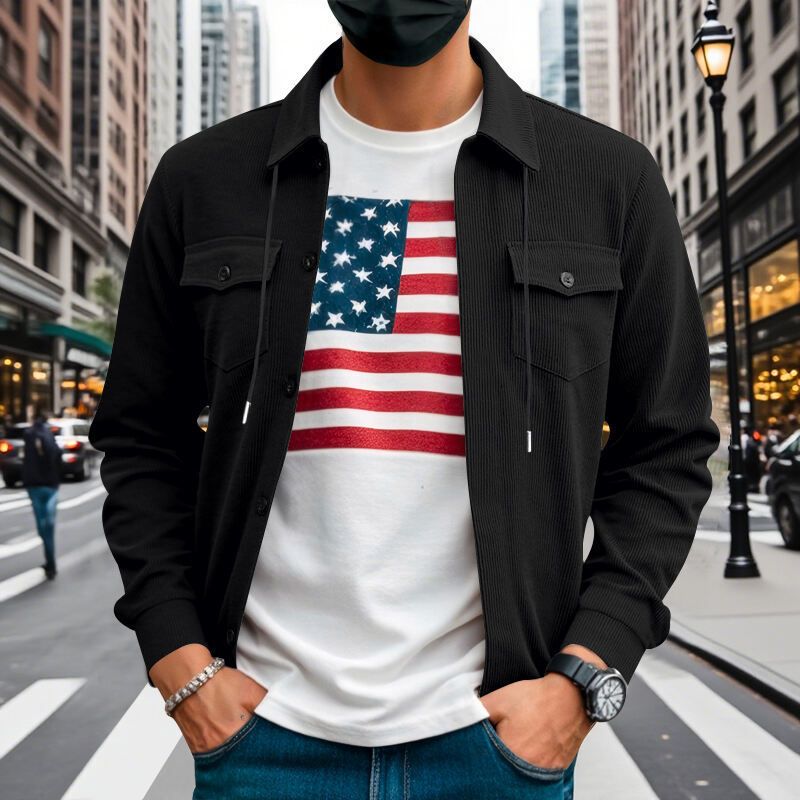 Autumn American Heavy Corduroy New Simple Versatile Multi Pocket Long Sleeved Stand Up Collar Jacket Men's Clothing_voghion.com