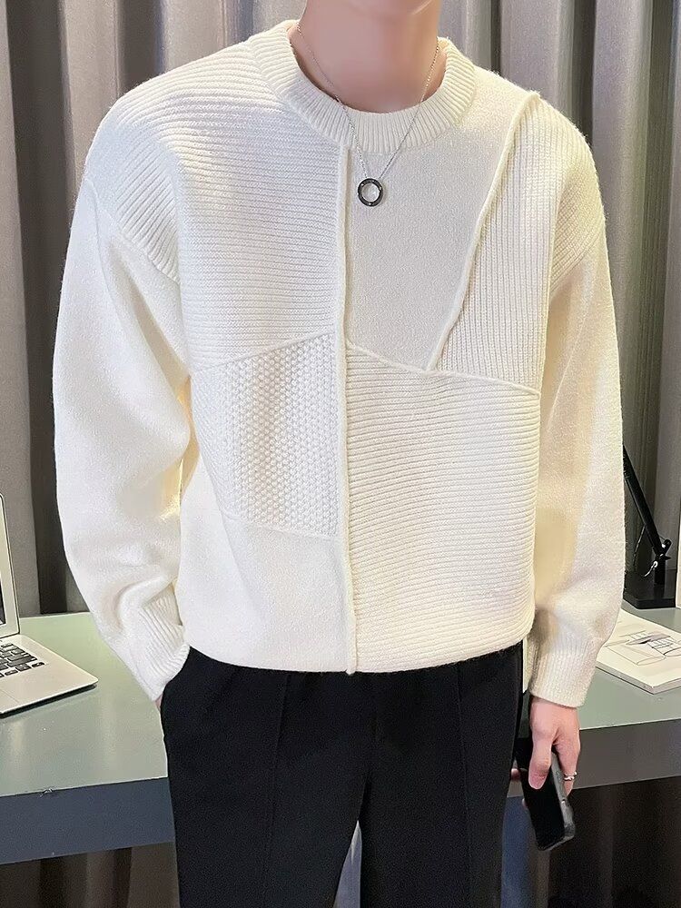 Men’s Premium Knit Sweater – Winter Round Neck Long Sleeve Cardigan, Solid & Spliced Design (Black/White/Burgundy/Brown, M-3XL)_voghion.com