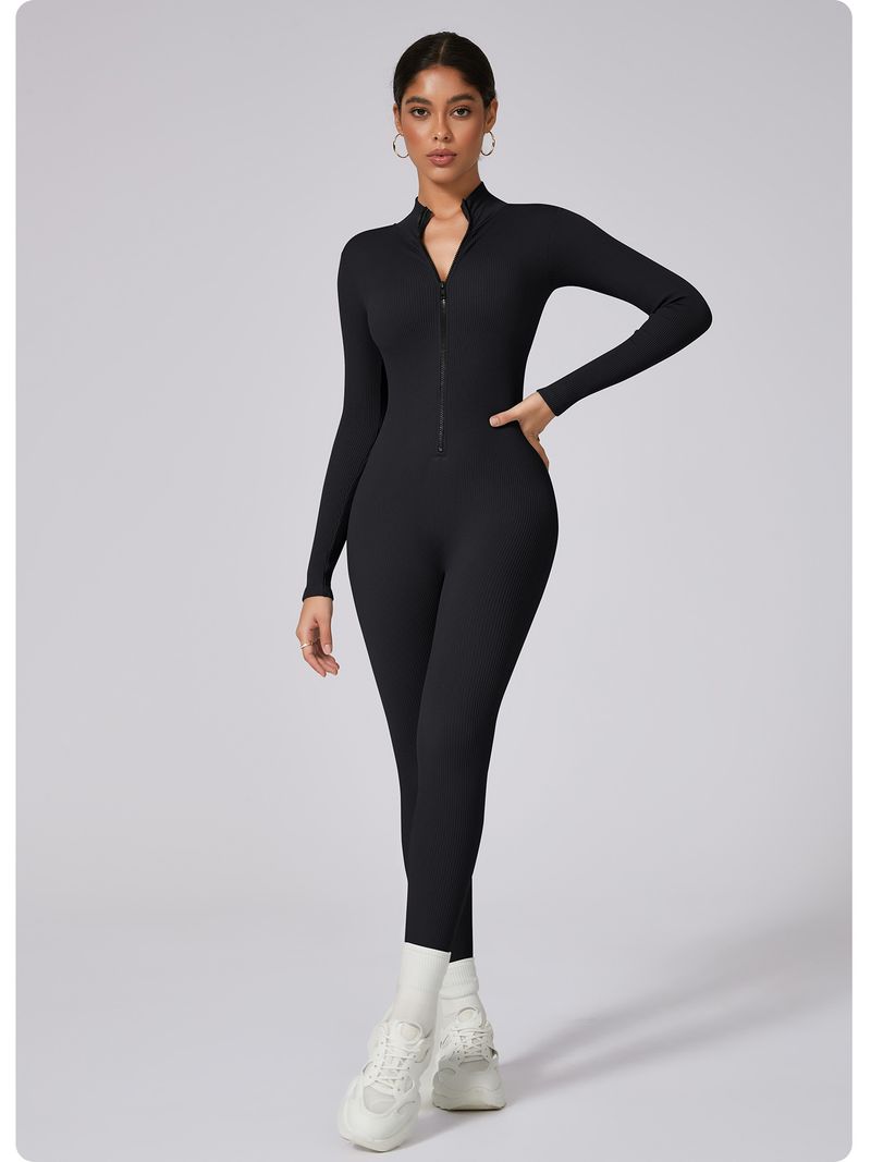 Tuta intera aderente da yoga e fitness a coste elastiche ad asciugatura rapida per donna con cerniera_voghion.com