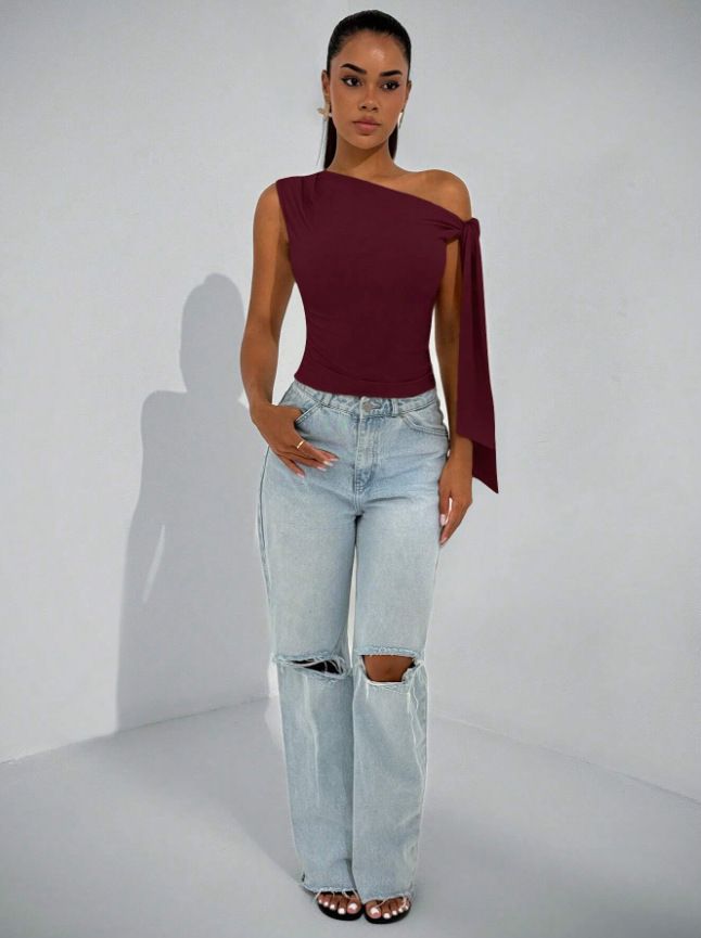 Ropa de mujer, novedad de verano 2025, moda urbana, corte entallado, lazo diagonal, color liso, sin mangas_voghion.com