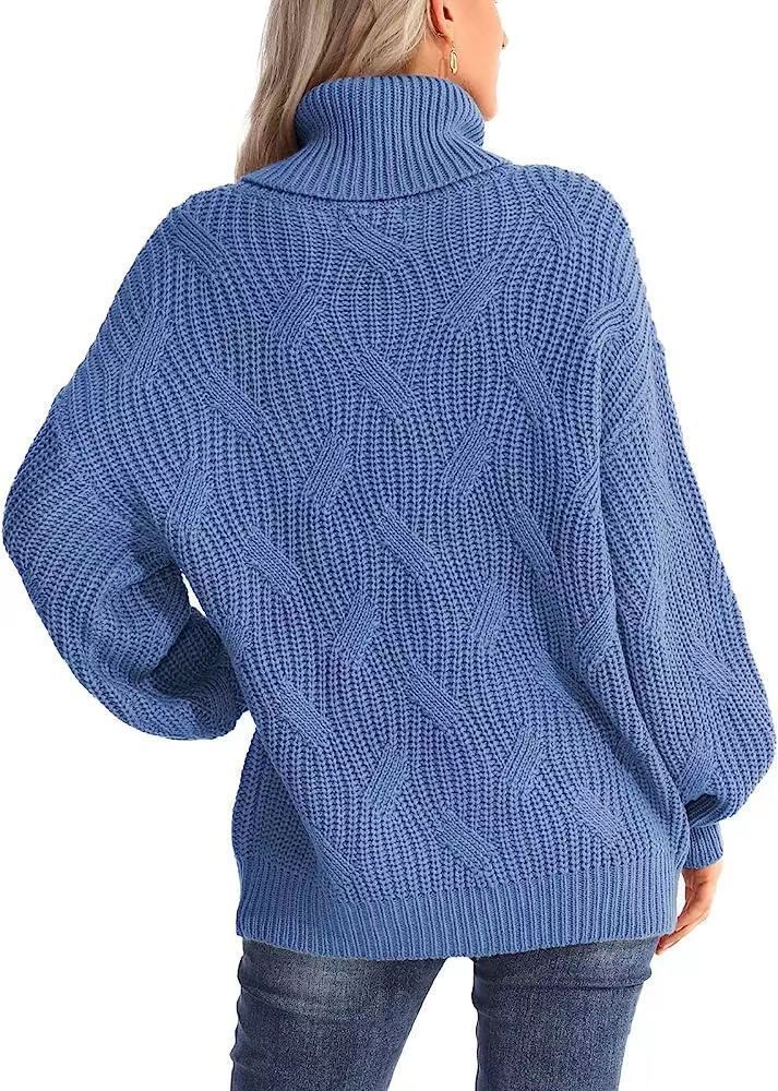Women's Oversized High-Neck Cable Knit Sweater - Elegant Batwing Sleeve Pullover For Autumn & Winter, Soft & Breathable In 10 Versatile Colors_voghion.com