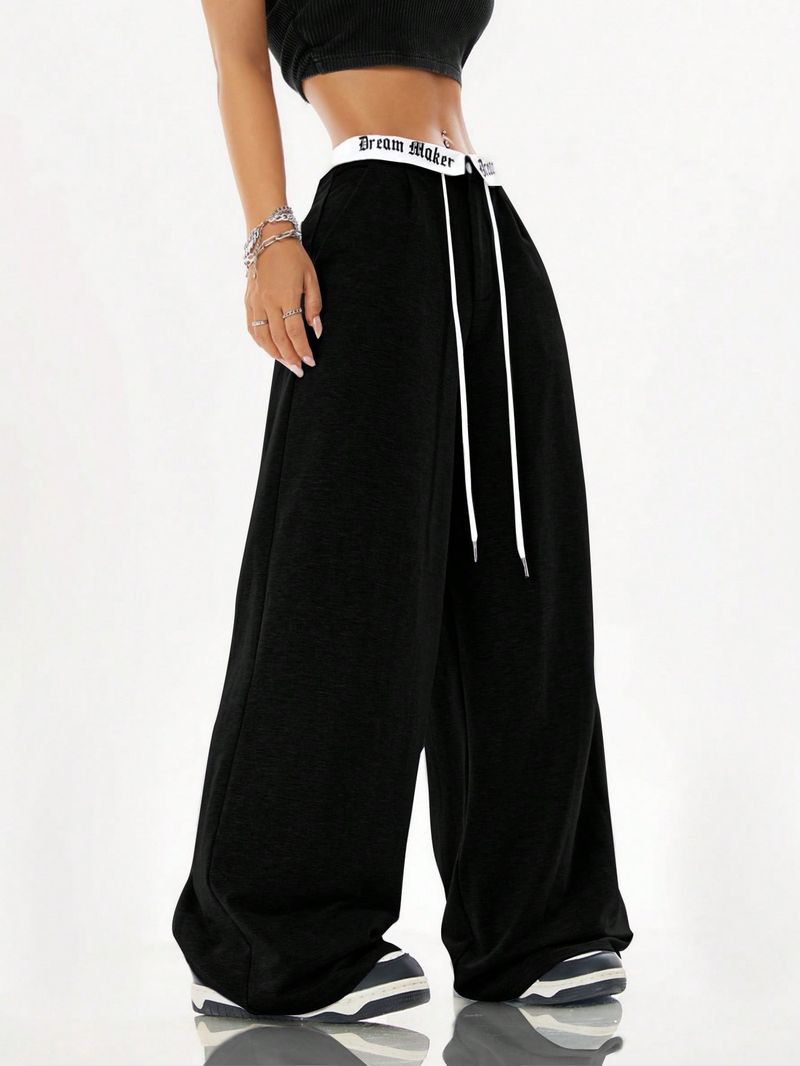 "Women's Loose Fit Casual Trousers With Contrast Letter Print - Breathable Polyester Summer Pants For Comfortable Everyday Wear"_voghion.com