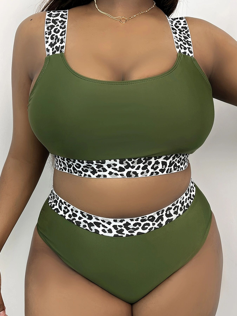 New Fat Mm Large Tank Top Solid Color Leopard Pattern Spliced High Waist Bikini DM326_voghion.com