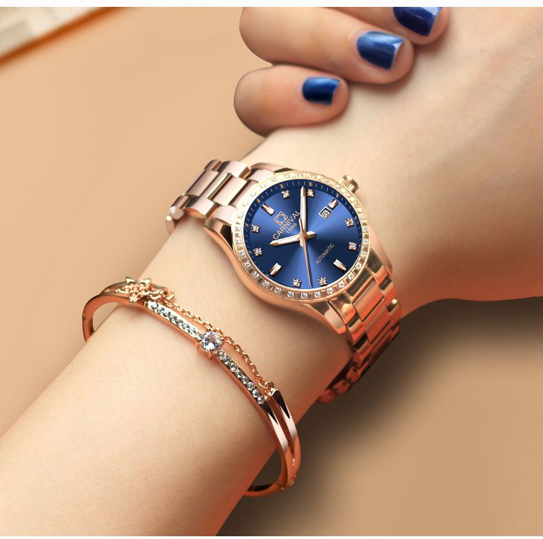 Watch For Women CARNIVAL Top Brand Luxury Diamond Automatic Mechanical Wrist Watch Rose Gold Steel Relogio Feminino_voghion.com