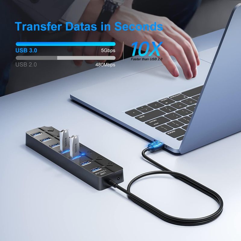 1 kos USB vozlišče Večportni USB razdelilnik za hitro napajanje, dolg kabel s stikalom in večpodaljševalno vozlišče_voghion.com